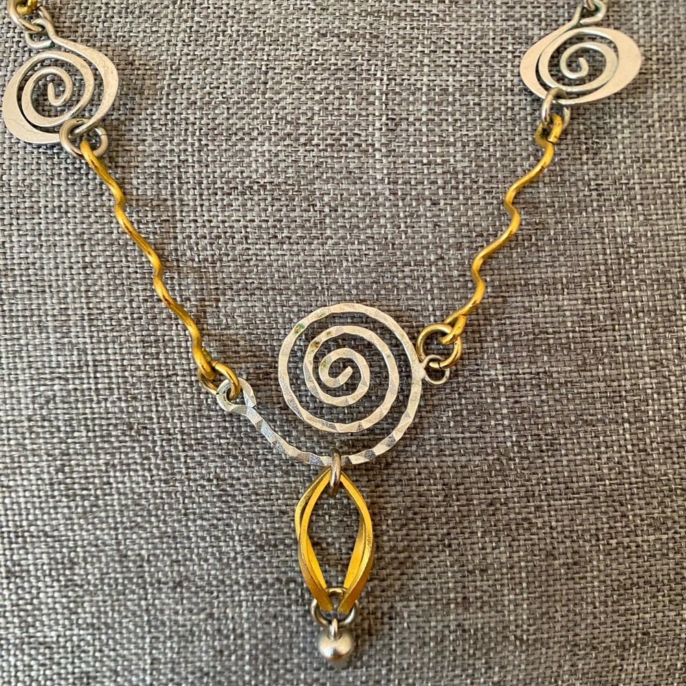 Vintage Two-Tone Spiral Necklace | Gold & Silver Tone Artisan Wire Link | 25” - Picture 2 of 6